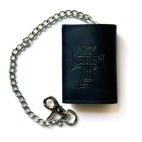 Dogtown Vintage Cross Small Leather Trifold Chain Wallet W/ Lobster Hook Clip